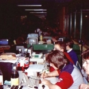 Kwon (closest to camera) and Morpheus (writing) at the Horizon Party in Stockholm (1990).